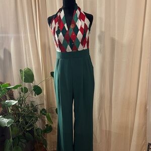 Elegant Teal and Red Argyle Jumpsuit